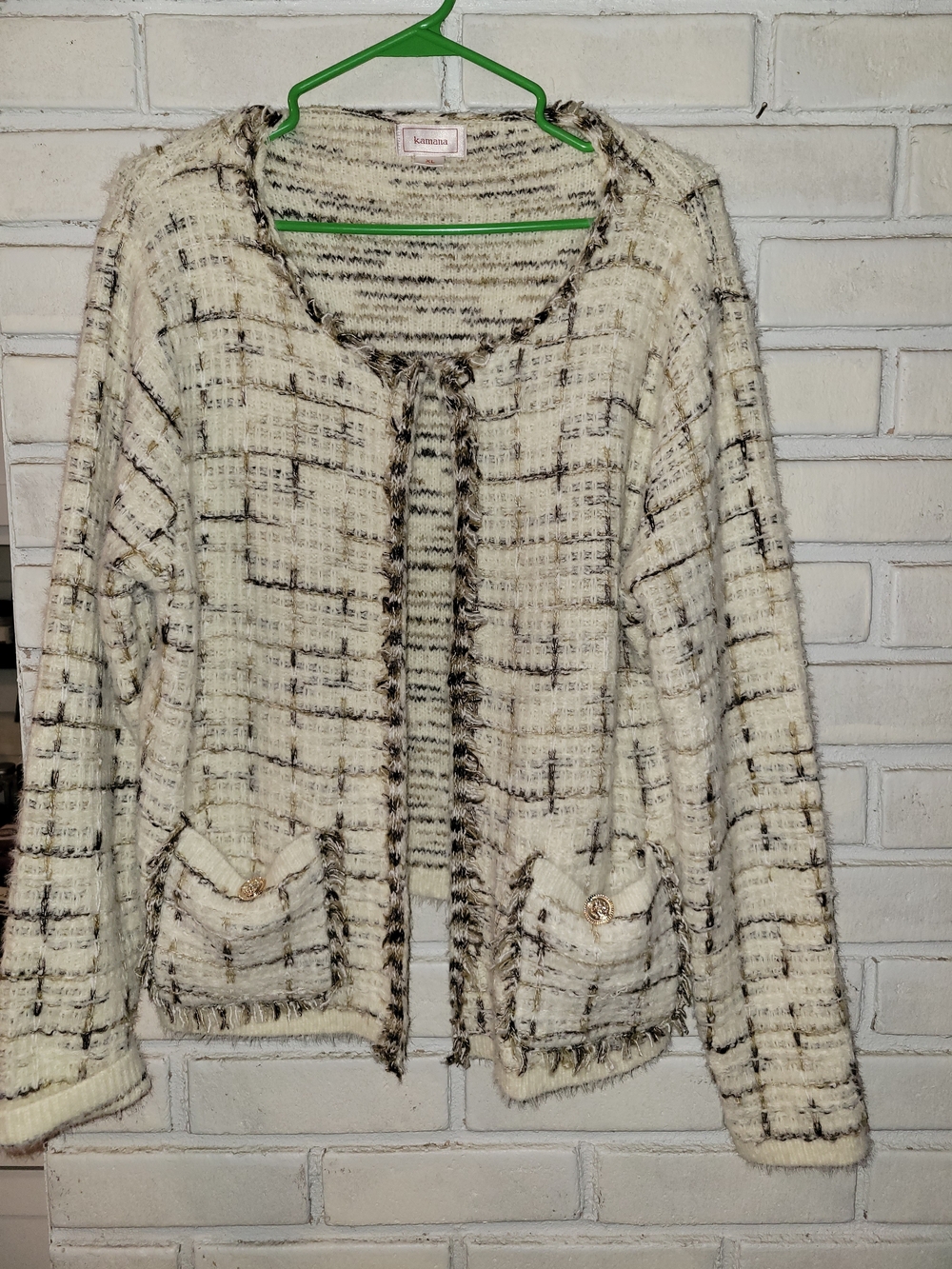 Kamana Cream & Black Bouclé Plaid Cardigan Jacket - Size XL